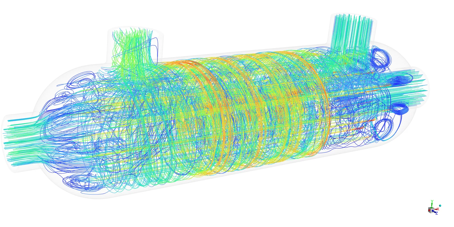 CFD velocity contour plot showing flow distribution inside a heat exchanger